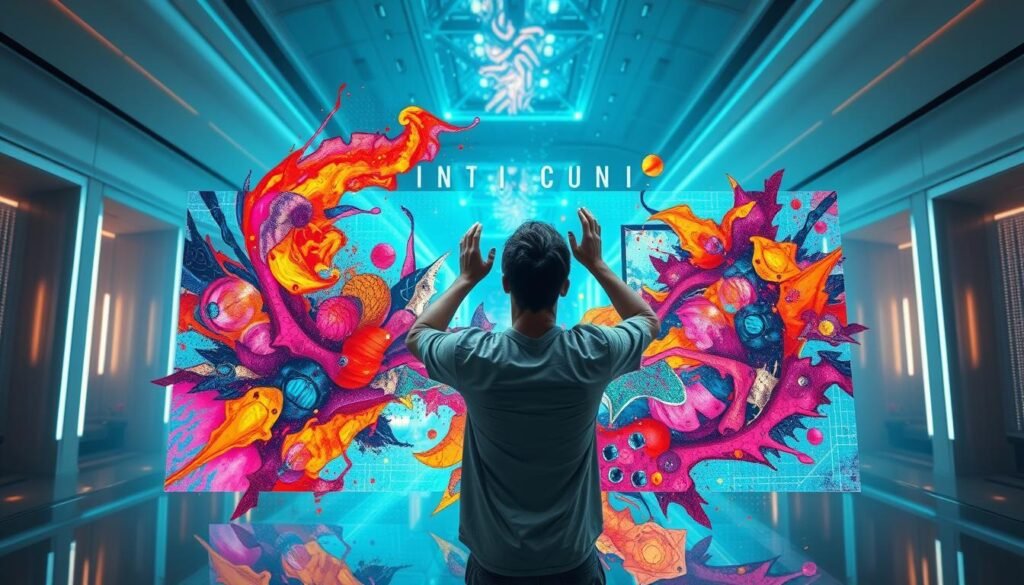 A breathtaking digital artwork depicting the intersection of artificial intelligence and creative expression. In the foreground, a vibrant and dynamic abstract composition generated by an AI algorithm, bursting with bold colors, intricate patterns, and captivating textures. In the middle ground, a human artist, hands raised in a gesture of awe and wonder, marveling at the captivating AI-created masterpiece. The background features a futuristic, technologically advanced setting, with sleek, minimalist architecture and glowing, holographic elements, hinting at the seamless integration of human creativity and machine intelligence. The lighting is soft and ethereal, creating an atmosphere of enchantment and inspiration. The entire scene conveys a sense of amazement and the profound impact of AI on the creative process.