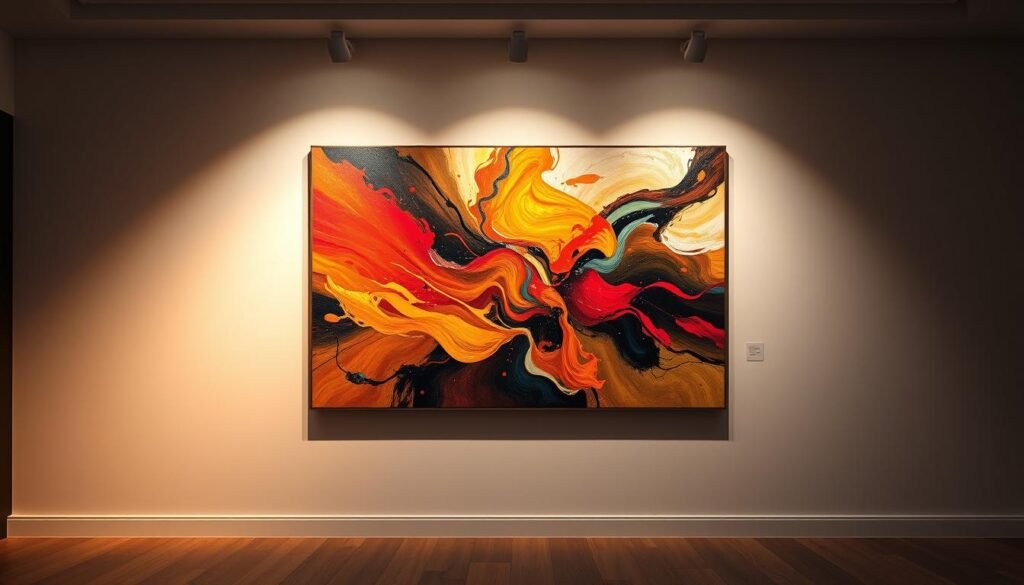A breathtaking digital artwork titled "Seni Digital AI" showcases the remarkable capabilities of artificial intelligence in creating awe-inspiring art. Depicted in a realistic style, the centerpiece is a striking abstract composition of vibrant, flowing brushstrokes in a harmonious palette of warm hues. The artwork is presented on a gallery wall, illuminated by soft, directional lighting that casts dramatic shadows and highlights the textural depth of the digital medium. The overall atmosphere evokes a sense of wonder and appreciation for the creative potential of AI-generated art, inviting the viewer to immerse themselves in the captivating visual experience.