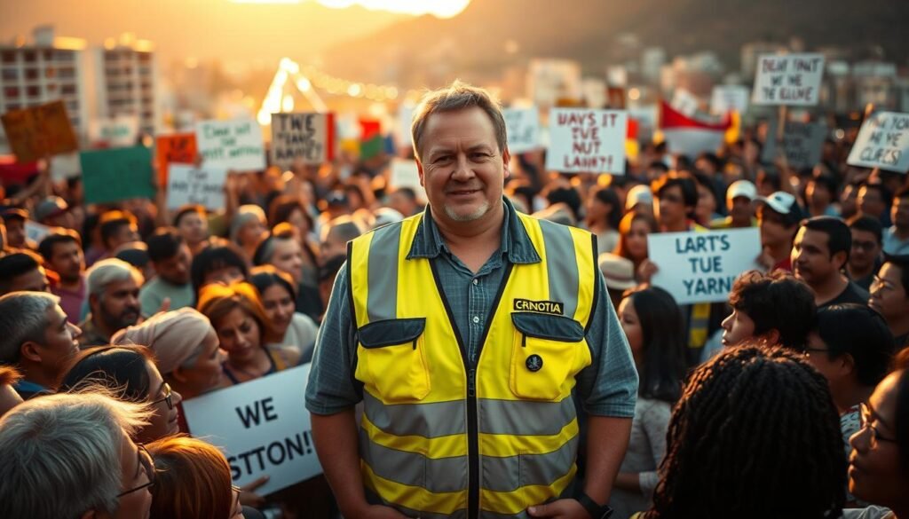 A bustling community gathering, with a large group of people surrounding a lone truck driver in the foreground. The driver, clad in a reflective vest, stands tall amidst the crowd, a sense of humble pride radiating from his expression. In the middle ground, supporters hold signs and banners, conveying messages of gratitude and admiration. The background is a vibrant cityscape, bathed in warm, golden lighting, reflecting the community's collective embrace of the driver's heroic actions. The scene exudes a palpable sense of camaraderie and solidarity, capturing the essence of a community rally in support of their local hero. A bustling community gathering, with a large group of people surrounding a lone truck driver in the foreground. The driver, clad in a reflective vest, stands tall amidst the crowd, a sense of humble pride radiating from his expression. In the middle ground, supporters hold signs and banners, conveying messages of gratitude and admiration. The background is a vibrant cityscape, bathed in warm, golden lighting, reflecting the community's collective embrace of the driver's heroic actions. The scene exudes a palpable sense of camaraderie and solidarity, capturing the essence of a community rally in support of their local hero.