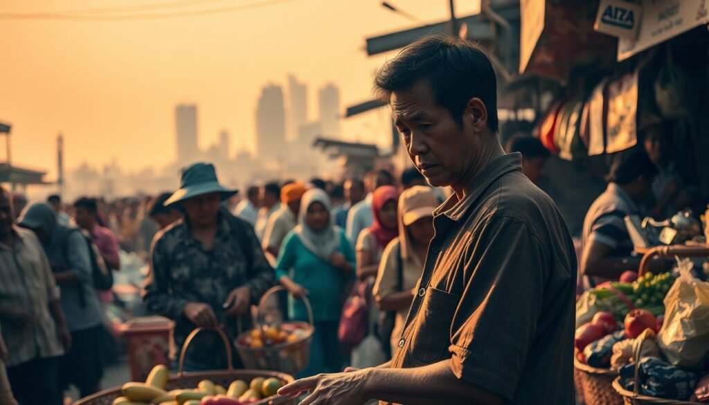A crowded Indonesian market, bustling with activity, as the prices of essential food items soar. In the foreground, a vendor haggling with a concerned customer, their facial expressions reflecting the strain of the situation. In the middle ground, shoppers hurriedly navigating the stalls, their baskets filled with fewer items than before. The background is a hazy scene of towering buildings, symbolic of the broader economic forces driving the inflation. Warm, golden lighting casts a moody, contemplative atmosphere, emphasizing the gravity of the issue. The overall composition conveys the widespread impact of the rising food prices on the daily lives of Indonesians. A crowded Indonesian market, bustling with activity, as the prices of essential food items soar. In the foreground, a vendor haggling with a concerned customer, their facial expressions reflecting the strain of the situation. In the middle ground, shoppers hurriedly navigating the stalls, their baskets filled with fewer items than before. The background is a hazy scene of towering buildings, symbolic of the broader economic forces driving the inflation. Warm, golden lighting casts a moody, contemplative atmosphere, emphasizing the gravity of the issue. The overall composition conveys the widespread impact of the rising food prices on the daily lives of Indonesians.