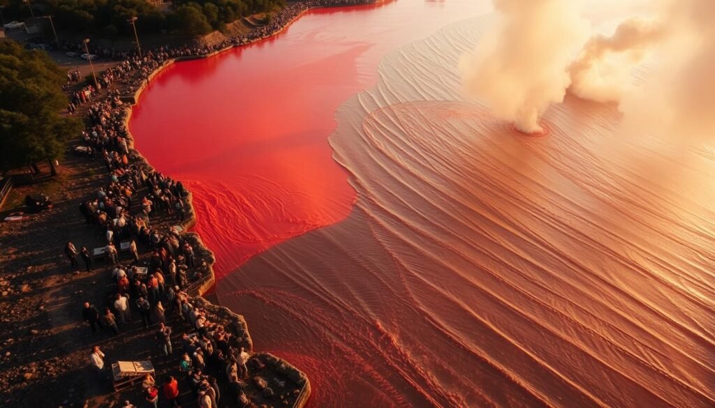A dramatic aerial view of a river rapidly changing color, with an intense orange-red hue overtaking the once clear water. The riverbanks are lined with concerned onlookers, their expressions capturing the palpable sense of alarm. Thick plumes of smoke rise in the distance, hinting at the possible source of the disturbance. The scene is bathed in warm, golden-hour lighting, creating a sense of urgency and heightened drama. The camera angle emphasizes the scale of the transformation, conveying the magnitude of the sudden, unexpected environmental shift.