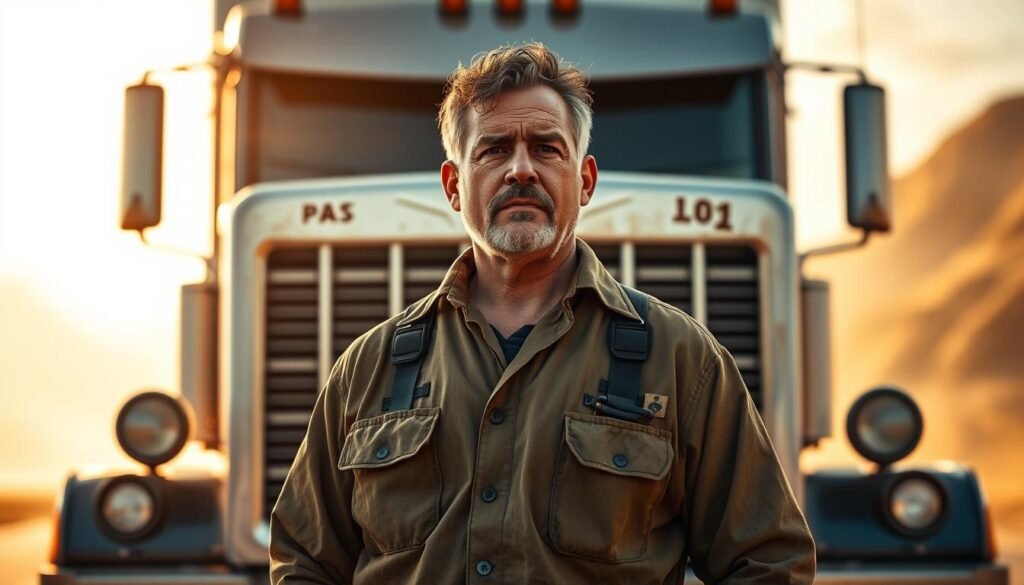 A heroic truck driver in a well-lit, cinematic scene. In the foreground, the driver stands tall, his weathered face conveying a sense of quiet determination. He wears a sturdy, oil-stained uniform, his hands calloused from years of hard work. Behind him, the majestic silhouette of the truck looms, its grill like the open maw of a beast, ready to carry its precious cargo. The background is a blur of motion, suggesting the open road and the driver's tireless journey. Warm, golden light bathes the scene, creating a sense of drama and heroism. The composition emphasizes the driver's resolute pose, making him the central focus of this powerful, inspirational portrait. A heroic truck driver in a well-lit, cinematic scene. In the foreground, the driver stands tall, his weathered face conveying a sense of quiet determination. He wears a sturdy, oil-stained uniform, his hands calloused from years of hard work. Behind him, the majestic silhouette of the truck looms, its grill like the open maw of a beast, ready to carry its precious cargo. The background is a blur of motion, suggesting the open road and the driver's tireless journey. Warm, golden light bathes the scene, creating a sense of drama and heroism. The composition emphasizes the driver's resolute pose, making him the central focus of this powerful, inspirational portrait.