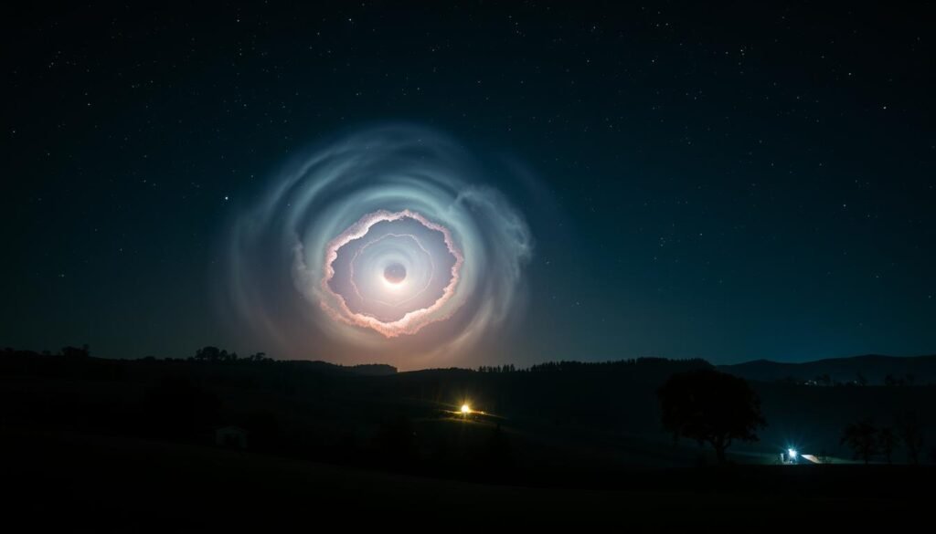 A mysterious celestial phenomenon illuminates the night sky, casting an ethereal glow across the landscape. In the foreground, a serene rural setting with rolling hills and silhouetted trees sets the stage. The middle ground features a dramatic, swirling array of lights and colors, reminiscent of a galactic nebula or aurora borealis, captivating the viewer. The background showcases a deep, starry expanse, hinting at the vast and unexplored nature of the universe. The lighting is soft and atmospheric, creating a sense of wonder and awe. The composition is balanced, with the focal point of the mysterious lights drawing the eye inward. This image aims to inspire scientific curiosity and contemplation of the unexplained wonders of the cosmos. A mysterious celestial phenomenon illuminates the night sky, casting an ethereal glow across the landscape. In the foreground, a serene rural setting with rolling hills and silhouetted trees sets the stage. The middle ground features a dramatic, swirling array of lights and colors, reminiscent of a galactic nebula or aurora borealis, captivating the viewer. The background showcases a deep, starry expanse, hinting at the vast and unexplored nature of the universe. The lighting is soft and atmospheric, creating a sense of wonder and awe. The composition is balanced, with the focal point of the mysterious lights drawing the eye inward. This image aims to inspire scientific curiosity and contemplation of the unexplained wonders of the cosmos.