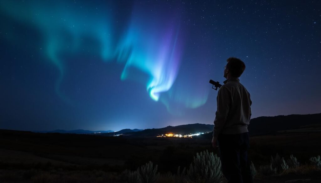A mysterious celestial phenomenon illuminates the night sky, casting an ethereal glow over the landscape. In the foreground, a lone astronomer peers upwards, captivated by the otherworldly display. The middle ground depicts a serene rural setting, with rolling hills and sparse vegetation. In the distance, the night sky is alive with a captivating dance of light, hues of blue, purple, and green swirling and pulsing with an otherworldly energy. The lighting is dramatic, with a combination of soft ambient illumination and vivid, dynamic celestial effects. The scene is captured through a wide-angle lens, emphasizing the grand scale and immersive nature of the experience. An air of wonder, mystery, and scientific curiosity permeates the composition. A mysterious celestial phenomenon illuminates the night sky, casting an ethereal glow over the landscape. In the foreground, a lone astronomer peers upwards, captivated by the otherworldly display. The middle ground depicts a serene rural setting, with rolling hills and sparse vegetation. In the distance, the night sky is alive with a captivating dance of light, hues of blue, purple, and green swirling and pulsing with an otherworldly energy. The lighting is dramatic, with a combination of soft ambient illumination and vivid, dynamic celestial effects. The scene is captured through a wide-angle lens, emphasizing the grand scale and immersive nature of the experience. An air of wonder, mystery, and scientific curiosity permeates the composition.