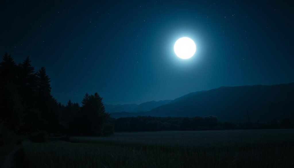 A mysterious, glowing light hovering in the night sky over a serene, rural landscape. In the foreground, a dimly lit forest with towering trees and thick foliage. In the middle ground, a vast, open field with tall grass swaying gently in a soft breeze. In the background, a mountainous horizon silhouetted against a deep, inky blue sky filled with twinkling stars. The light source, a captivating and enigmatic orb of luminescence, emanates a mesmerizing, otherworldly glow, casting an ethereal, mystical atmosphere over the entire scene. Dramatic, high-contrast lighting with long shadows accentuates the dramatic, cinematic quality of the image. Captured with a wide-angle lens to emphasize the grand, sweeping scale of the landscape. A mysterious, glowing light hovering in the night sky over a serene, rural landscape. In the foreground, a dimly lit forest with towering trees and thick foliage. In the middle ground, a vast, open field with tall grass swaying gently in a soft breeze. In the background, a mountainous horizon silhouetted against a deep, inky blue sky filled with twinkling stars. The light source, a captivating and enigmatic orb of luminescence, emanates a mesmerizing, otherworldly glow, casting an ethereal, mystical atmosphere over the entire scene. Dramatic, high-contrast lighting with long shadows accentuates the dramatic, cinematic quality of the image. Captured with a wide-angle lens to emphasize the grand, sweeping scale of the landscape.