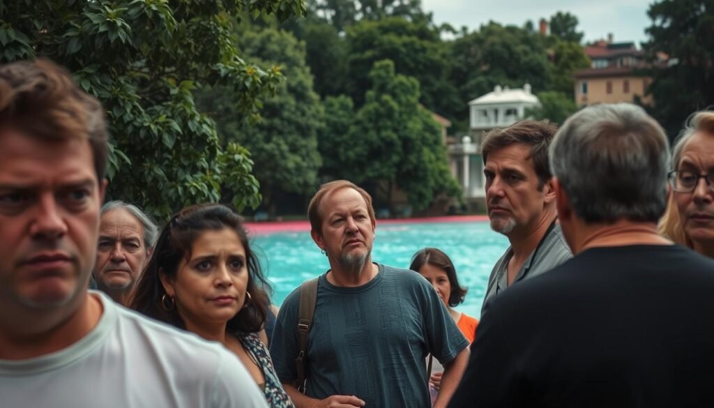 A riverside scene captures the public's reaction to a bizarre river color transformation. In the foreground, concerned citizens gather, expressions of wonder and trepidation etched on their faces, as they gaze upon the strangely hued waters. The middle ground reveals the vibrant, unnatural coloration of the river, casting an eerie, almost otherworldly glow. In the background, lush foliage and buildings frame the unsettling spectacle, lending a sense of the everyday juxtaposed with the inexplicable. Soft, diffused lighting casts a pensive, contemplative mood, while a wide-angle lens emphasizes the scale and impact of this perplexing natural occurrence on the local community.