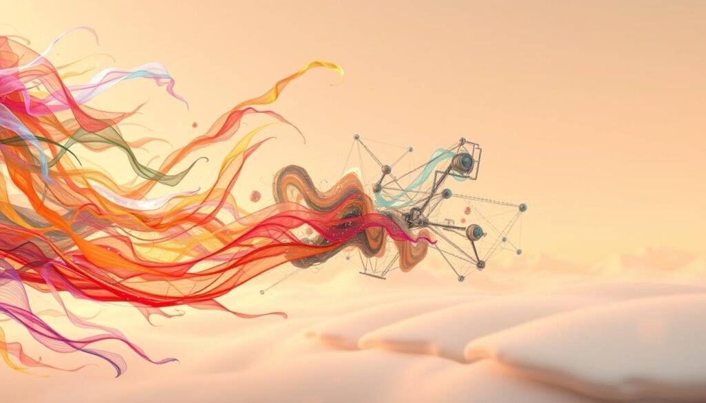 A serene digital canvas depicting the intricate dance of artificial intelligence and artistic expression. In the foreground, a vibrant swirl of colors and textures, cascading across the frame like a symphony of digital brushstrokes. In the middle ground, abstract shapes and forms emerge, hinting at the underlying algorithms and data that power this creative process. The background is a soft, dreamlike expanse, suggesting the boundless potential of AI-generated art. Warm, diffused lighting illuminates the scene, casting a sense of wonder and awe. The overall composition evokes a harmonious balance between the precision of technology and the boundless creativity of the human spirit.