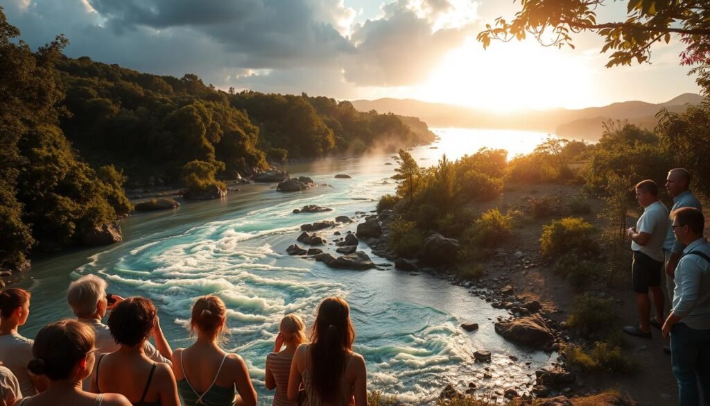 A serene river flowing through a lush, verdant landscape, its waters suddenly transformed into a mesmerizing array of vibrant hues. The sun's golden rays illuminate the scene, casting a warm glow over the surrounding foliage. In the foreground, curious onlookers gather, their expressions a mix of wonder and concern, as they study the captivating yet perplexing phenomenon. In the distance, a team of expert researchers examines the river, gathering samples and data to unravel the mystery behind this extraordinary color change. The atmospheric lighting and the striking contrast between the natural beauty and the sense of scientific inquiry create a thought-provoking and visually striking image.