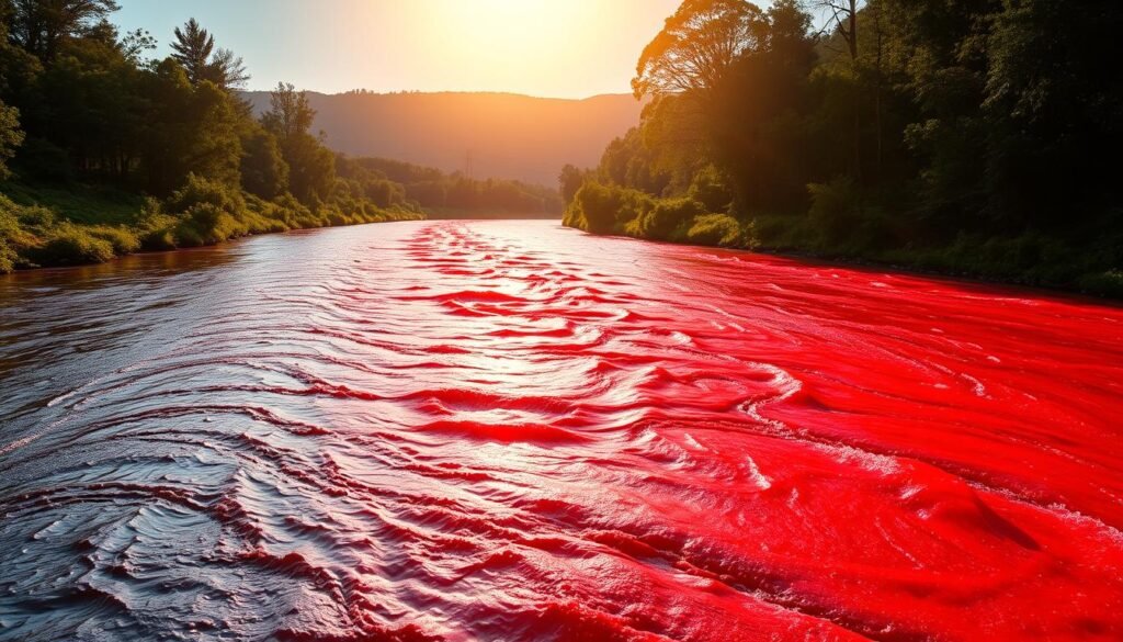 A serene river, its waters transformed into a mesmerizing crimson hue, flows peacefully through a lush, verdant landscape. The sun's rays cast a warm, ethereal glow, illuminating the striking contrast between the scarlet stream and the verdant foliage that lines its banks. In the foreground, intricate patterns of light and shadow dance across the rippling surface, creating a hypnotic and almost otherworldly effect. The middle ground showcases the surrounding environment, with towering trees and rolling hills providing a natural backdrop to the captivating scene. The overall atmosphere conveys a sense of tranquility and wonder, inviting the viewer to ponder the natural phenomenon unfolding before them.