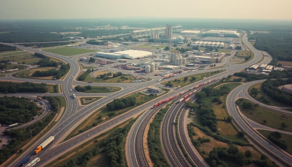 A sprawling network of roads, railways, and waterways winds through a lush, verdant landscape. In the foreground, a fleet of trucks, trains, and cargo ships transports a bountiful harvest of fresh produce, grains, and livestock. The middle ground features bustling distribution hubs and warehouses, where goods are efficiently sorted and dispatched. In the background, towering silos and processing facilities stand as testament to the scale and complexity of the nation's food infrastructure. Soft, diffused lighting casts a warm glow over the scene, conveying a sense of industrious activity and the vital importance of this intricate transportation system in ensuring the steady supply of nourishment to the population. A sprawling network of roads, railways, and waterways winds through a lush, verdant landscape. In the foreground, a fleet of trucks, trains, and cargo ships transports a bountiful harvest of fresh produce, grains, and livestock. The middle ground features bustling distribution hubs and warehouses, where goods are efficiently sorted and dispatched. In the background, towering silos and processing facilities stand as testament to the scale and complexity of the nation's food infrastructure. Soft, diffused lighting casts a warm glow over the scene, conveying a sense of industrious activity and the vital importance of this intricate transportation system in ensuring the steady supply of nourishment to the population.