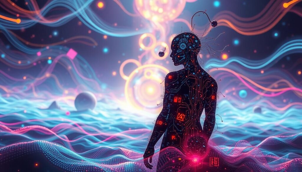 A vibrant and immersive digital canvas depicting the captivating interplay of artificial intelligence and artistic expression. In the foreground, a surreal figure composed of intricate algorithms and glowing circuitry emerges from a sea of swirling, ethereal colors and shapes, representing the seamless fusion of technology and creativity. In the middle ground, a series of abstract, dynamic forms and patterns shift and transform, showcasing the generative power of AI-driven art. The background is a vast, dreamlike expanse, illuminated by the soft glow of futuristic luminescence, evoking a sense of wonder and the boundless possibilities of this technological revolution in the arts. Cinematic lighting casts dramatic shadows, adding depth and drama to the composition, while a subtle depth of field effect draws the viewer's eye to the captivating focal point. The overall atmosphere is one of awe-inspiring innovation, where the boundaries between human and machine imagination are blurred, inviting the viewer to