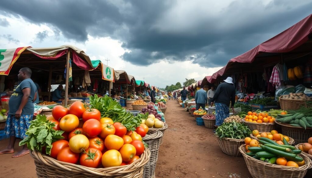 A vibrant open-air marketplace, bustling with vendors and shoppers. In the foreground, freshly harvested produce is displayed in woven baskets - plump tomatoes, crisp greens, and colorful fruits. The middle ground captures the interplay of light and shadow, as stalls adorned with colorful fabrics cast patterns on the packed dirt floor. In the background, storm clouds loom, their ominous presence hinting at the looming impact of volatile weather on the delicate balance of supply and demand. The scene evokes a palpable sense of tension, as the local community grapples with the consequences of climate-driven fluctuations in food prices. A vibrant open-air marketplace, bustling with vendors and shoppers. In the foreground, freshly harvested produce is displayed in woven baskets - plump tomatoes, crisp greens, and colorful fruits. The middle ground captures the interplay of light and shadow, as stalls adorned with colorful fabrics cast patterns on the packed dirt floor. In the background, storm clouds loom, their ominous presence hinting at the looming impact of volatile weather on the delicate balance of supply and demand. The scene evokes a palpable sense of tension, as the local community grapples with the consequences of climate-driven fluctuations in food prices.